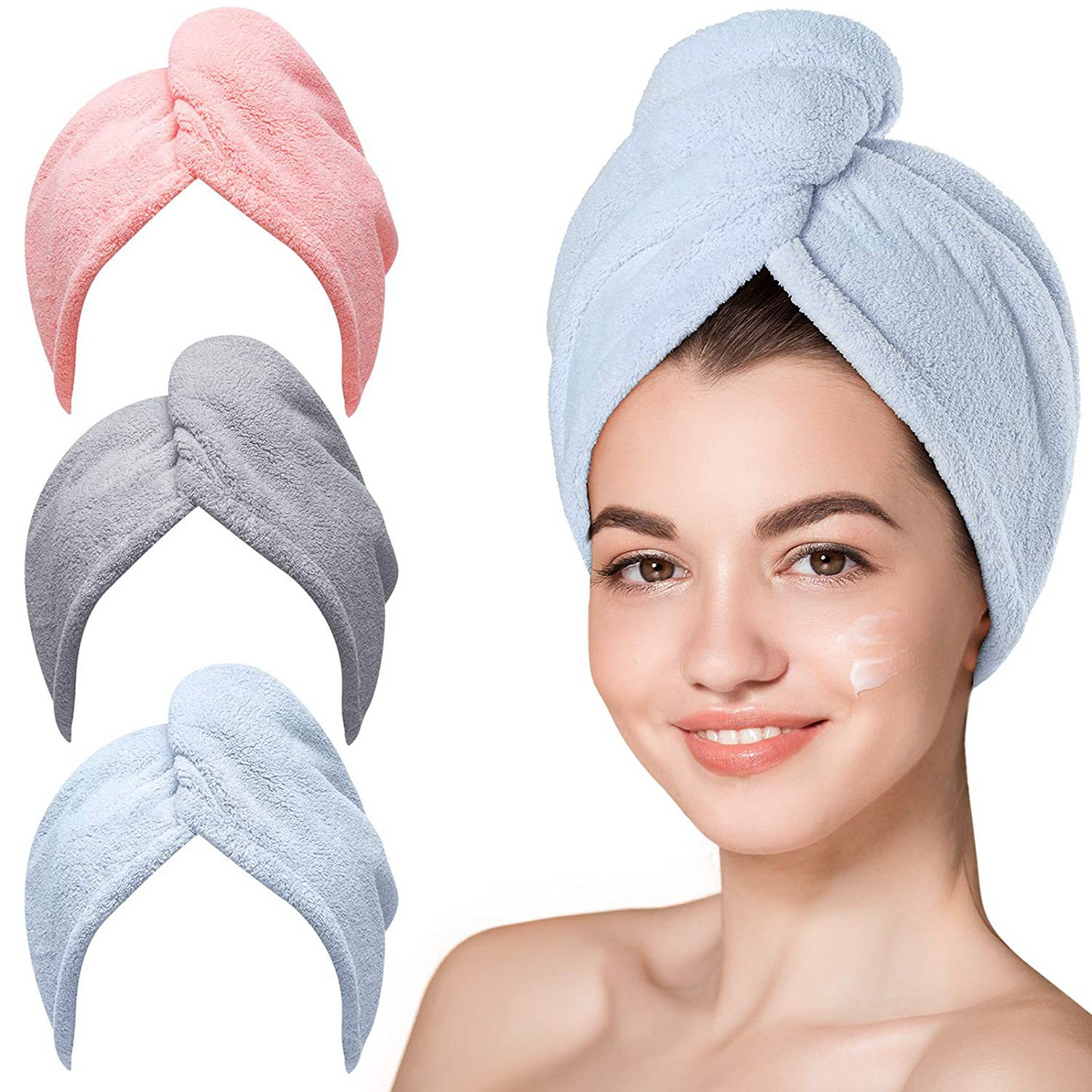 Gray quick-dry hair wrap towel for wrapping damp hair after washing.