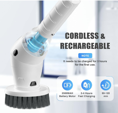 Cordless rechargeable spin scrubber