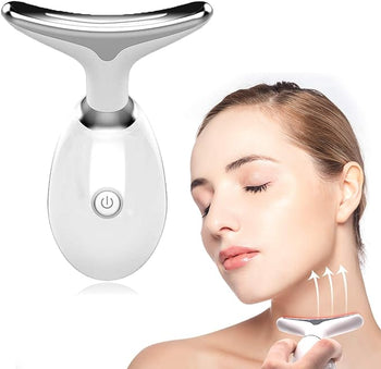 Facial beauty massager shown beside a woman using it near her neck