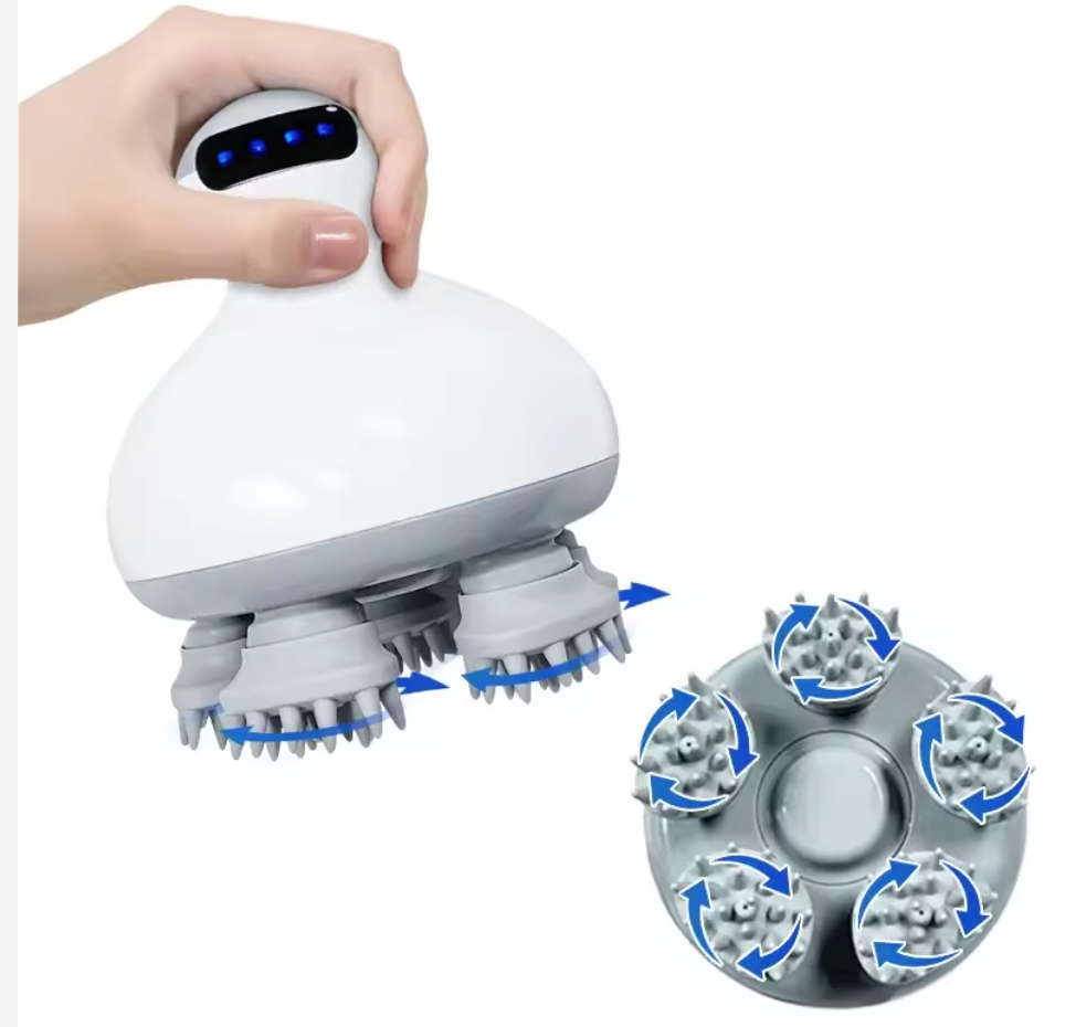 White scalp massager held above a view of its massage heads