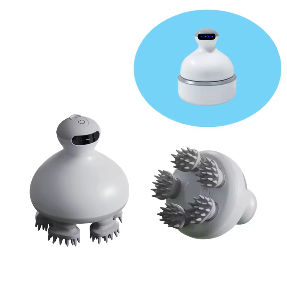 Scalp massager views showing the handheld body and massage heads