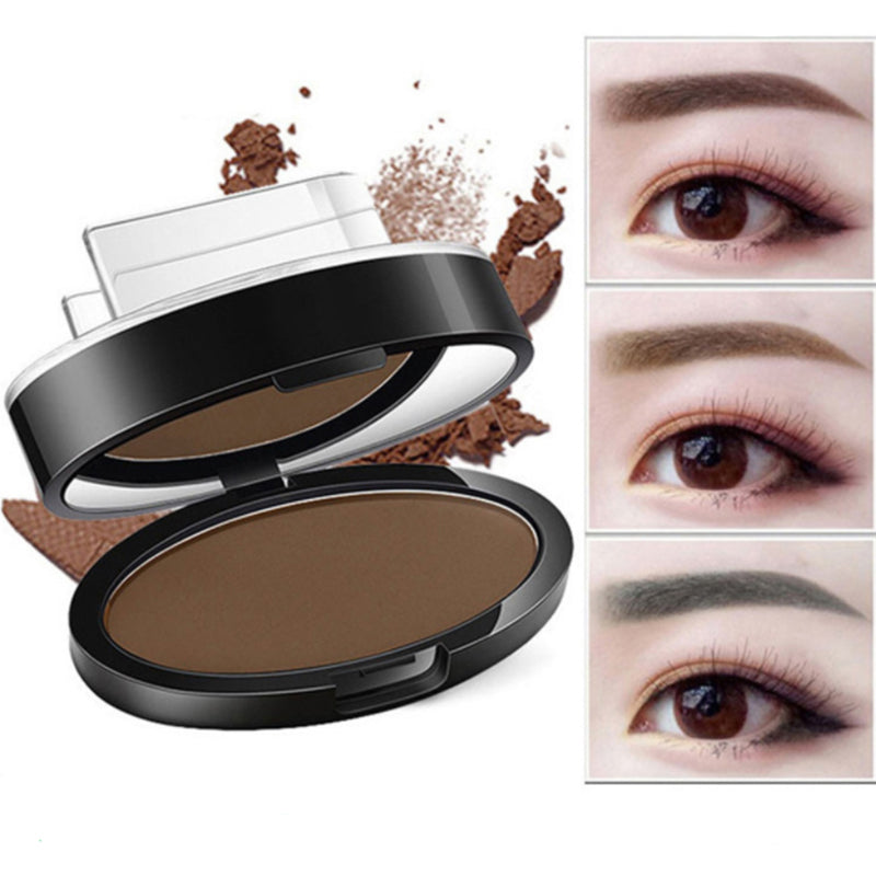 Brown eyebrow powder compact with clear stamp applicator — product view 2.