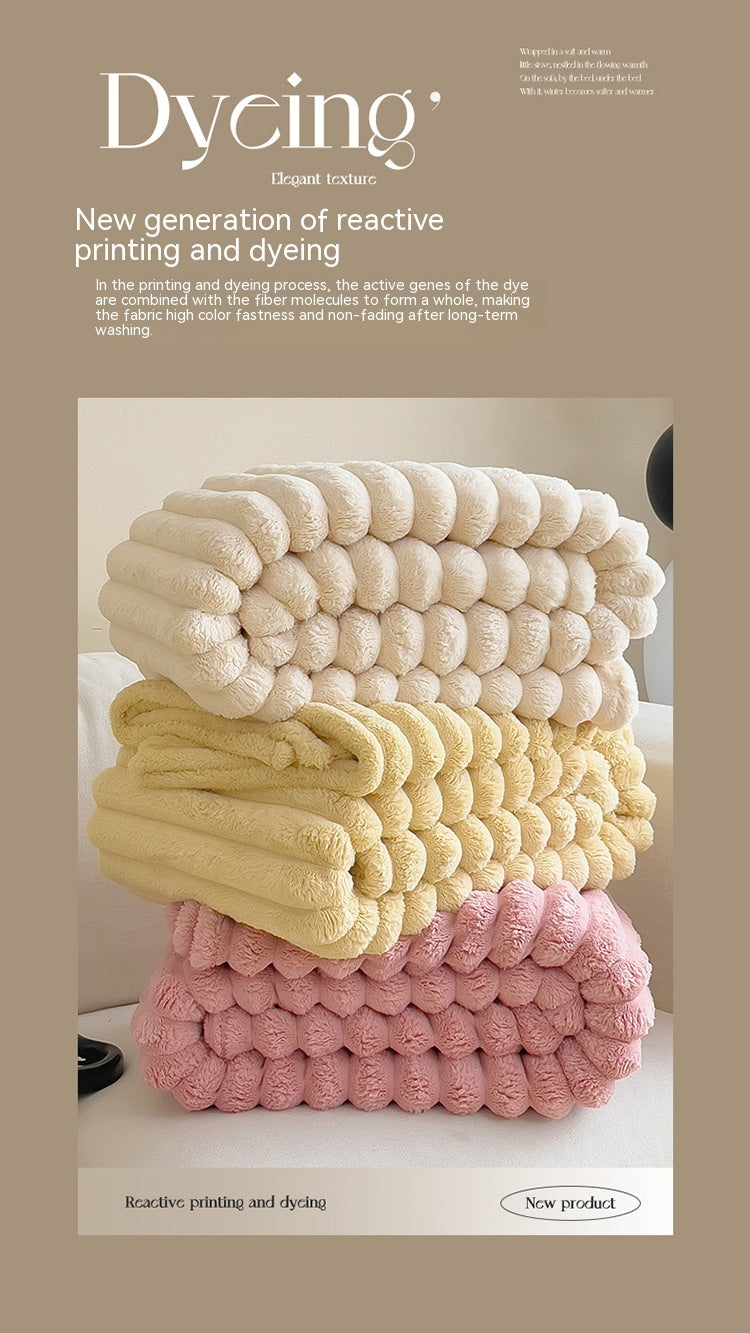 Supplier photo of plush bubble-texture blankets in cream, yellow and pink; this draft selects Milk White