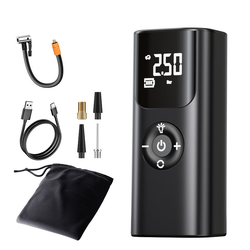Cordless black digital tyre inflator with USB charging cable, hose and adapters