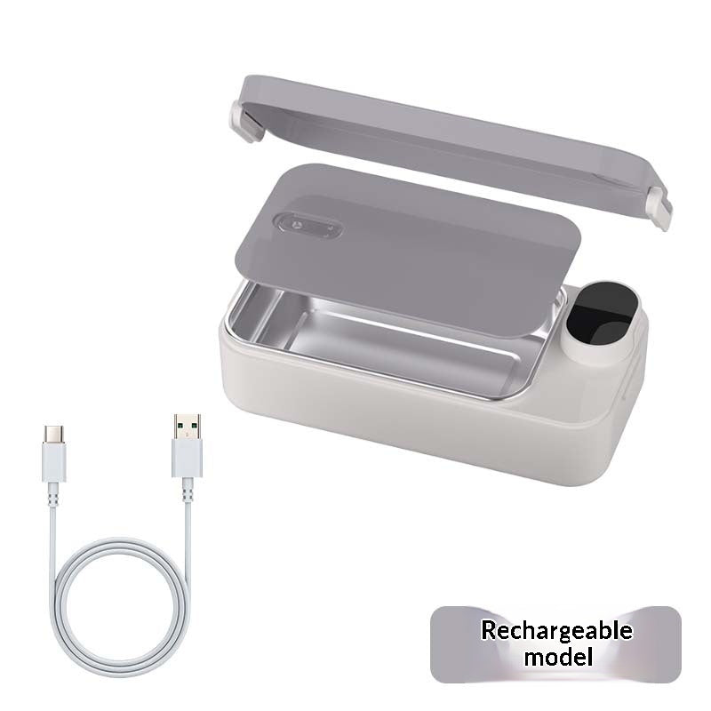 Grey electric heated lunch box with metal food tray and digital control panel